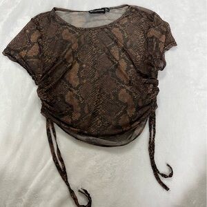 PrettyLittleThing Mesh Brown Ruched Crop Blouse